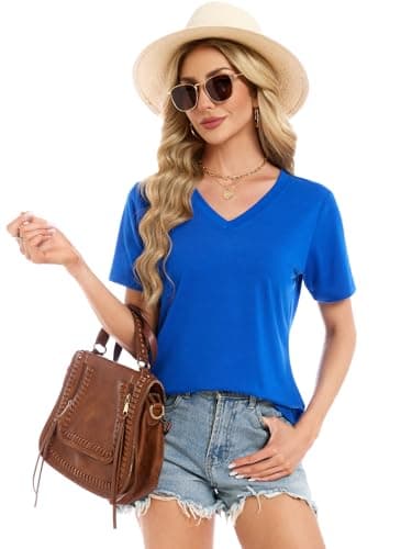 Womens T Shirts Summer Tops Short Sleeve V Neck Dressy Casual Blouses Work Plus Size Tunic Vacation Boho Outfits, Royal Blue S - Thumbnail 3