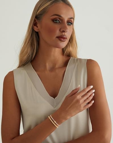 14K Gold Plated Bracelets for Women Dainty Tennis Initial Bracelet Trendy Beaded Stackable Charm Bracelets Layered Waterproof Bracelet Dainty Bracelet for Women Jewelry Gifts （H - Thumbnail 3