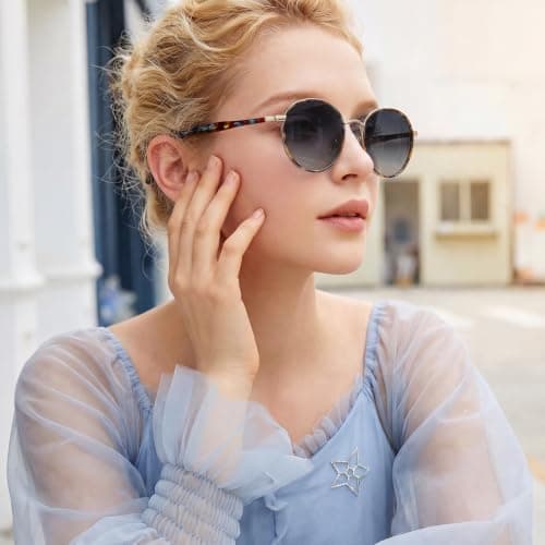 CARFIA Retro Round Polarized Sunglasses for Women UV Protection Acetate Arms Metal Frame Driving Glasses - Thumbnail 3