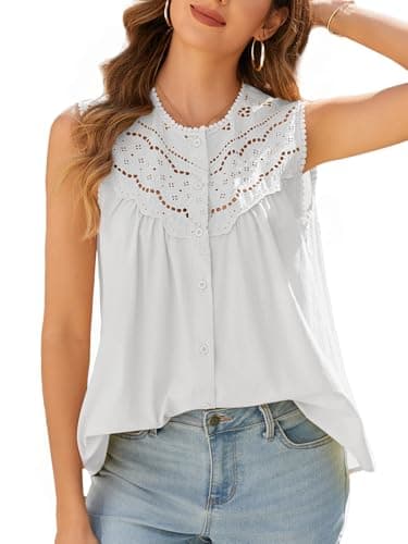 IYICLOTH Women Lace Trimmed Ruched Tank Top Summer Sleeveless Vacation Boho Tops Dressy Casual Button Down Shirts Lightweight,S White - Image 1