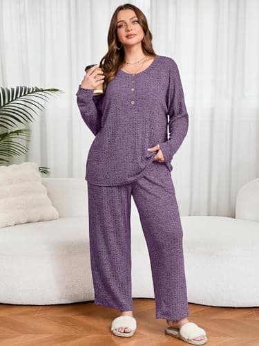 AusLook Plus Size 2 Piece Sets for Women Loose Wide Leg Pant Long Sleeve Top Matching Sets Purple 3X Tracksuit Loungewear 2027 Vacation Travel Airport Outfits Going Out Comfy Track Suits - Thumbnail 4