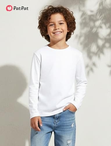 PATPAT Boys White Long Sleeve Shirt Size 15-16 Cotton Crew Neck Long Sleeve Tees White Shirts for Boy, Teen Boys Clothes - Thumbnail 2