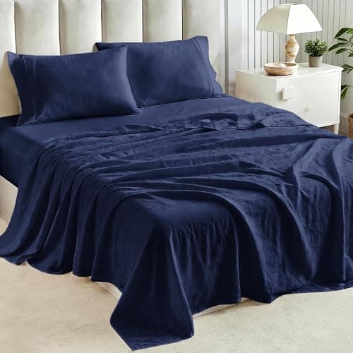 Tokokimo King Sheet Set 4 Piece, Super Soft Washed Cotton-Linen Feel Microfiber, 16" Deep Pocket Fitted Sheet, 1 Flat Sheet, 2 Pillowcases, Breathable Bed Sheets, Navy Blue - Image 1