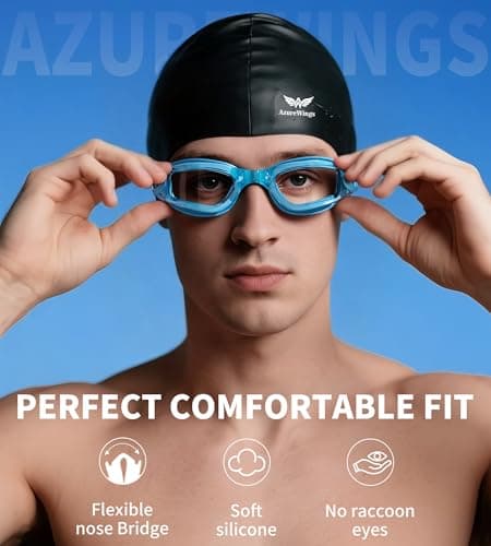 AzureWings 7 in 1 Swim Goggles + Swim Cap for Men Women,No Leak Anti-Fog & UV, Wide Visio HD Mirror PC Lens (light blue) - Thumbnail 2