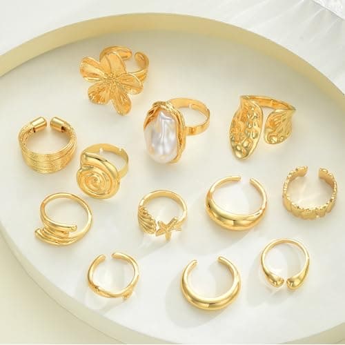 FAXHION Gold Rings for Women Non Tarnish Statement Flower Ring Set, 14K Gold Plated Stackable Open Stacking Rings, Knuckle Trendy Ring Jewelry Valentine's Day Gifts, 12PCS - Thumbnail 6