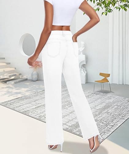 MARIASHA Jeans for Women New Flared Leg Stretch High Wasited Printed Pocket Pants White L - Thumbnail 5