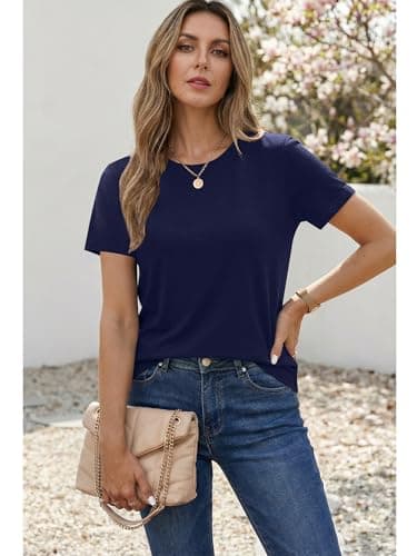 Women's T Shirt Cotton Short Sleeve T-Shirts Crewneck Basic Solid Color Tee Loose Fit Tshirts Breathable Comfy Summer Tops for Women 2026 Navy - Thumbnail 4