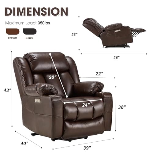 Kasunpul Oversized Power Lift Recliner with Massage and Heat for Elderly, Heavy Duty Reclining Chair, Faux Breathable Leather, Includes USB/Type-C Ports, 2 Cup Holders& Remote Control, Brown - Thumbnail 2