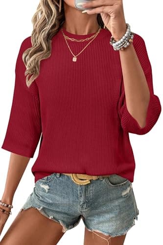 Arach&Cloz 2026 Women's Cotton Spring Summer Crochet Tops Crew Neck 3/4 Half Drop Short Sleeve Hollow Out Oversized Resort Wear Sweater Casual Vacation Outfits Fashion Trendy Shirts Red L - Image 1