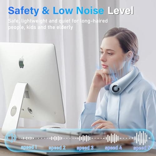Neck Fan - Portable Neck Fan with Neck Support, 5 Speeds, All Around Airflow, Hand-free Bladeless Personal Cooling Fans, Rechargeable Wearable Fan for Outdoor and Indoor, Festival Gifts for Men Women - Thumbnail 4
