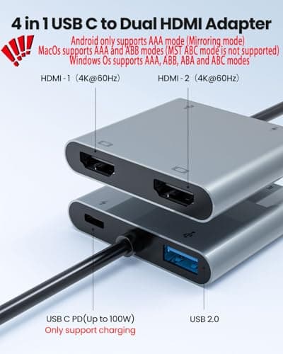 USB C to Dual HDTV Adapter, Fophmo 4K@60Hz HDTV Splitter Extend Display for Dual Monitors, macOS Only Allows Mirror Mode, Windows Allows Multi-Monitor Display 3 Separate Screens for 100W PD,USB-A Port - Thumbnail 3