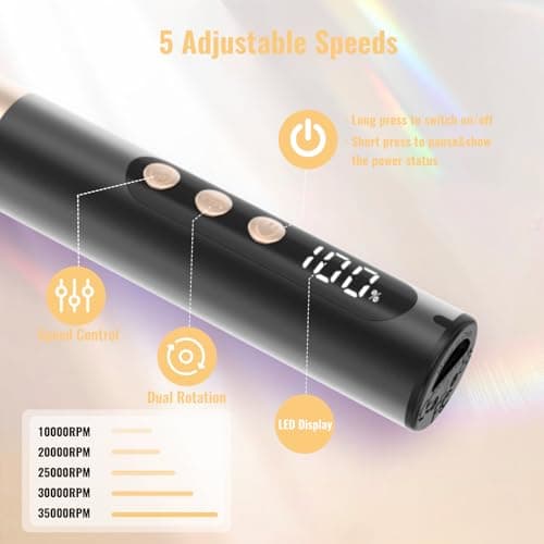Denabuty Cordless Electric Nail Drill File: 35000RPM Professional Nail Drill Machine with UV LED Nail Lamp Charging Base, Manicure Pedicure Kit E File for Acrylic Gel Dip Powder Polish Black - Thumbnail 5