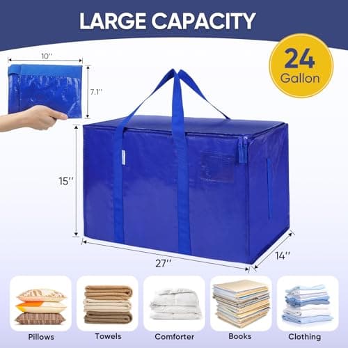 TICONN 12 Pack Extra Large Moving Bags Heavy Duty with Zippers & Carrying Handles, Durable Storage Bags Moving Boxes for Closet Organizers and Storage (12 Pack, Blue) - Thumbnail 4