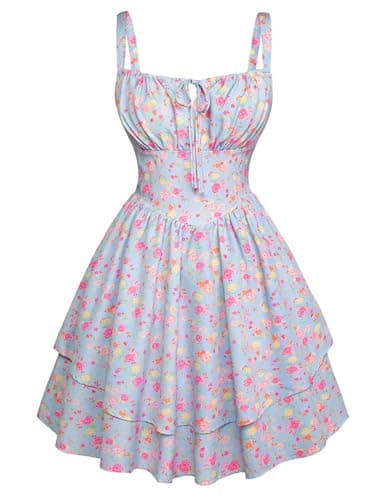 Scarlet Darkness Floral Mini Corset Dress for Women Teen 2026 Summer Spring Flowy A-Line Sundress with Pockets Blue Brown Orange Floral S - Image 1