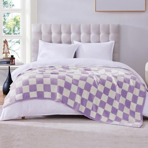 WRENSONGE Checkered Throw Blanket, Purple Soft Cozy Fluffy Warm Hand Made Throw Blankets for Couch, Sofa, Chair, Bed, Camping, Picnic, Travel Lightweight Bed Blanket - 60"*80" - Thumbnail 2