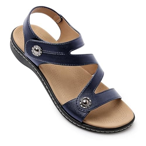 Goldnut Navy Blue Flat Sandals For Women Dressy, Women's Arch Support Sandal Navy Comfortable Walking Flats Ankle Strap Open Toe Mediu US Size 7 - Image 1