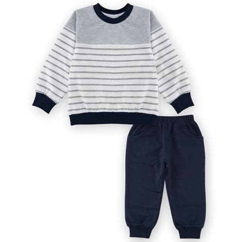JiuBreeze Toddler Baby Boy Fall Winter Long Sleeve Shirts Set 2-piece Striped Outfit Set (Grey, 18-24M) - Image 1