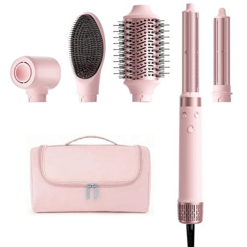 MESCOMB Dual Voltage Hair Dryer Brush - 5 in 1 Hot Air Styler Wrap with Auto Wrap Curlers, Fast Drying, Straightening & Volumizing, 100V–240V Global Travel with Storage Bag-Peach Pink