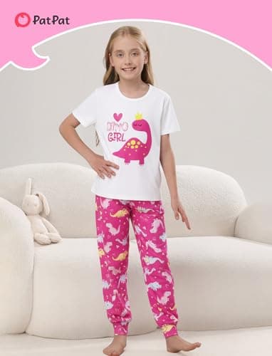 PATPAT Girls Pajama Set Playful Print PJs Soft Short Sleeve Top and Pants Sleep Wear Comfortable 2pcs Nightwear Sets Hot Pink Dinosaur 6 Year - Thumbnail 2