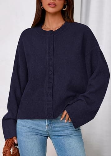 KIRUNDO Cardigan Sweaters for Women 2026 Fall Oversized Puff Long Sleeve Button Up Casual Spring Chunky Vacation Outfits(Navy, Medium) - Thumbnail 5