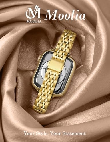 Moolia Slim Metal Band Compatible with Apple Watch Band 46/45/44/42/49mm Elegant Luxury Women Replacement Bracelet for iWatch Series 11 10 9 8 7 6 5 4 3 2 1 SE/Ultra(1/2/3), Gold - Thumbnail 2