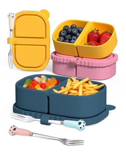 Niifawh 3 Pack Reusable Silicone Snack Containers, 8 oz Double Compartment Portable Snack Box with 3 Forks, Small Leakproof Food Storage Containers with Lids for Salad Dressing Sauce - Image 1