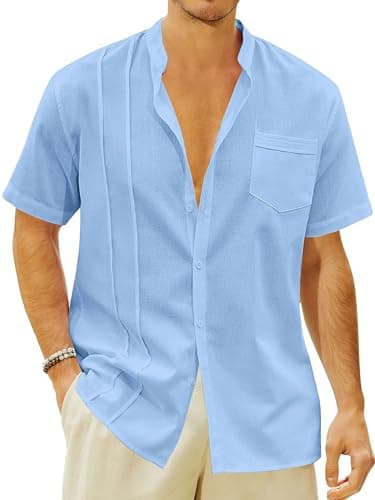 Mens Casual Button Shirts Cotton Linen Summer Beach Short Sleeve Tops for Lounge Vacation Blue - Image 1