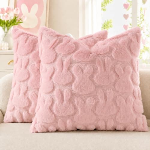 decorUhome Pink Faux Fur Bunny Throw Pillow Covers 20X20 Set of 2