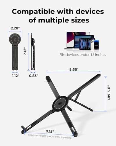 Viozon Portable Laptop Stand for Desk, Foldable Adjustable Computer Riser with Magnetic Phone Holder, Aluminum Laptop Stand for 10–16” Laptops & 4–13” Phones/Tablets (Black) - Thumbnail 3
