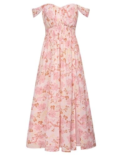 GRACE KARIN Summer Pink Floral Dress for Women 2026,Off the Shoulder Smocked Bridesmaid Dresses,Formal Baby Shower Maxi Dresses L - Image 1