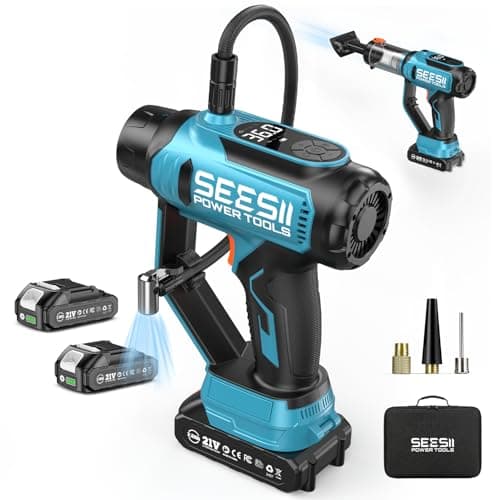 SEESII 2-IN-1 Tire Inflator & Car Vacuum with 2×2000mAh Batteries, 150PSI Rapid Portable Air Compressor, 20000Pa Suction, 21V Cordless Air Pump, Digital Gauge, LED Light for Car, Ball, Bike, Home