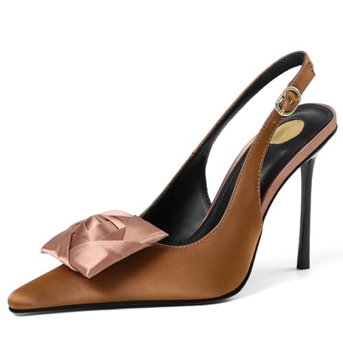 Atsroel Satin Slingback Pumps Women Floral Pointed Toe Brown Stiletto Heels