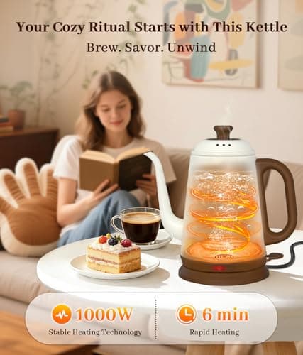 YTLAD Gooseneck Electric Kettle 1L, 1000W Fast Boiling for Pour-Over Coffee & Tea, 304 Stainless Steel BPA-Free, Precise Flow Spout, Auto Shut-Off & Boil-Dry Protection, Retro Style (White) - Thumbnail 2