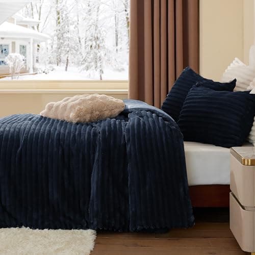 BEDELITE Fleece Queen Comforter Set -Super Soft & Warm Fluffy Navy Blue Bedding, Luxury Fuzzy Heavy Bed Set for Winter with 2 Pillow Cases - Thumbnail 4