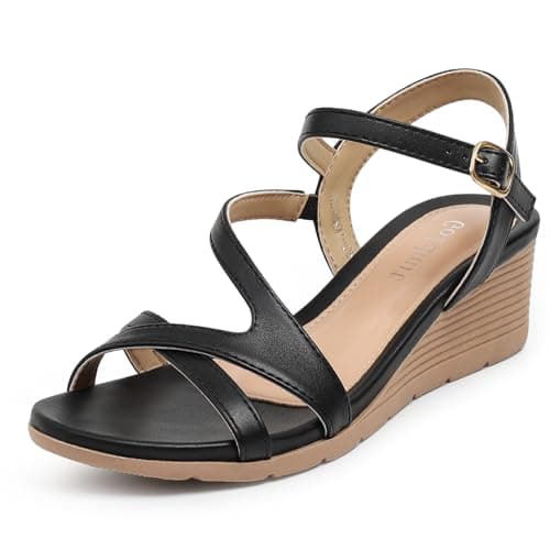 Goldnut Women's Wedge Sandals Dressy - Black Crisscross Strappy Low Wedges for Women Comfortable Sandals for Casual Party Wedding Size 6.5 - Image 1