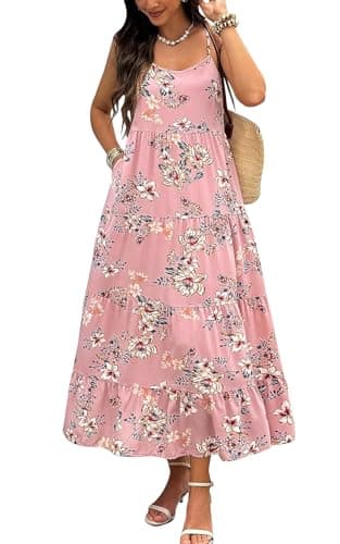 PRETTYGARDEN Women Summer Dresses 2026 Spaghetti Strap Scoop Neck Floral Maxi Dress Flowy Boho Long Sundress with Pockets (Pink Beige Flower, Large) - Image 1