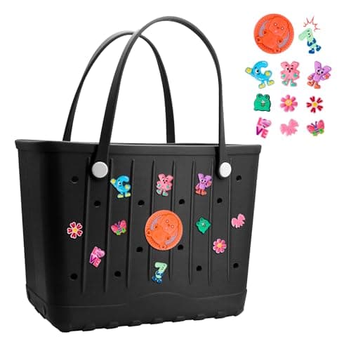 PanManner Rubber Beach Bag for Women, Large Capacity Rubber Tote Bag with Charms Waterproof Travel Handbag for Daily (Black, X-Large) - Image 1