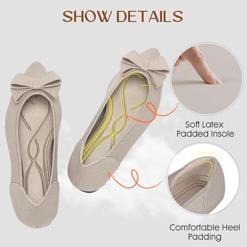 AHZEHRSE Ballet Flats Shoes for Womens Dress Shoes Comfortable Flats Shoes Pointed Toe Soft Casual Work Classic Dressy Wedding Shoes Knit Flats with Bow Beige - Thumbnail 5
