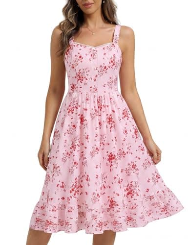 Belle Poque Floral Dress for Women Summer Wedding Guest Dresses 2026 Tea Party Dress Flowy Sundress with Pockets (Red,XL) - Image 1