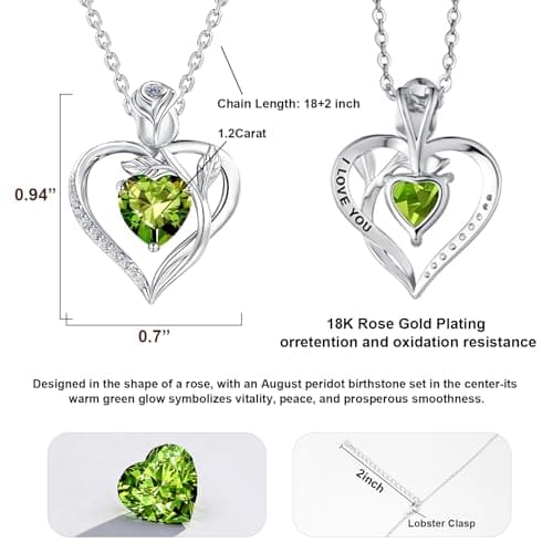 JACUPO Heart Birthstone Silver Necklace for Women(08 - Olive Green) - Thumbnail 3