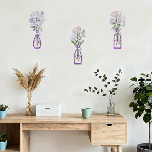 ArtCachet 3-Piece Metal Floral Wall Art - Bathroom Arts & Modern Farmhouse Decor,Home Wall Decors Sculptures for Living Room, Dining Room, Bedroom Wall Decorations & Housewarming Gift(Purple, Vase-A) - Thumbnail 2
