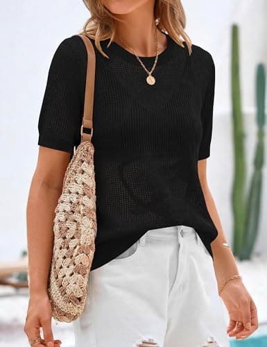 LaGracia Womens Short Sleeve Crochet Sweater Summer Crochet Tops Lightweight Hollow Out Crewneck Pullover Beach Coverup Black M - Thumbnail 3