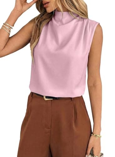BLENCOT Women Tank Tops Mock Neck Pleated Summer Camisole Sleeveless Casual Blouses Dressy Loose Fit Going Out Business Fashion Cami Work Shirts Large Light Pink - Image 1