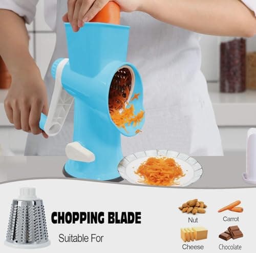 Cheese Grater MultiFunction Rotary Cheese Grater Hand Crank – Cheese Shredder Effortlessly Shred,Slice,Chop.Applicable to Cheese, Vegetables,Fruits,Nuts,Non-Slip Suction Base,Easy to Clean (blue) - Thumbnail 2