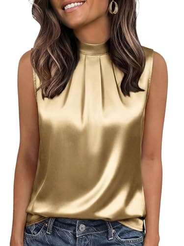 Funlingo Womens Dressy Tank Tops Sleeveless Satin Silk Camisole Blouse Business Casual Outfits Summer Pleated Work Shirt Fashion Khaki M - Image 1