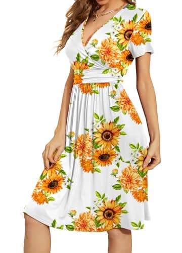 WEACZZY Summer Dress for Women Casual Short Sleeve Sundress Wrap V-Neck Party Dress with Pockets,Floral Sunflower White,3XL - Thumbnail 2