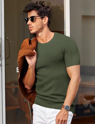COOFANDY Mens Dress T Shirts Short Sleeve Knit T Shirt Casual Summer Shirt Crewneck Tshirts Army Green - Thumbnail 5