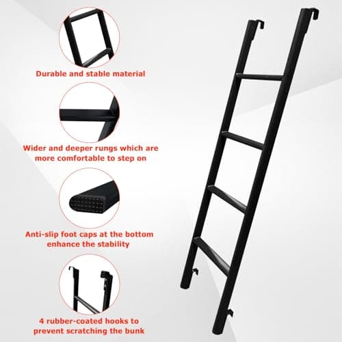 RV Bunk Bed Ladder, 55" Interior Adjustable Travel Trailer Twin Bed Step Ladders with 4 Hooks and Foot Caps, Heavy Duty Metal Dorm loft Camper Ladders, Portable Stairs Steps, Load 330 LBS - Thumbnail 3