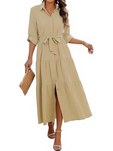ECOWISH Women's Maxi Shirt Dress - 2024 Long Sleeve Button Casual Fall A-line Work Tiered Dresses with Belt and Pockets Khaki X-Large - Image 1