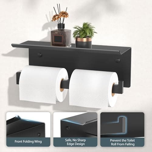 FORIOUS Black Toilet Paper Holder with Shelf, 304 Stainless Steel Wall Mount Commercial Toilet Paper Dispenser, Double Tissue Roll Holder for Bathroom, Matte Black - Thumbnail 4